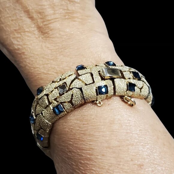 Crown Trifari Jewelry - Vintage Trifari Rhinestone Bracelet Blue & Clear Glass Wide Gold Tone 7 1/4"